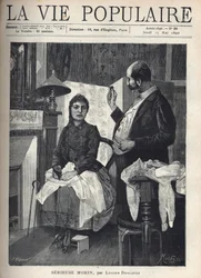 Une jeune femme malade, aux yeux fiévreux, tient une tirelire dans sa main et fait face avec fatigue à un grand docteur qui manie un instrument pour vérifier ses oreilles. Sur les genoux de la jeune femme assise près de la cheminée, ainsi que sur les meubl
