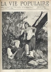 Une jeune femme, décoiffée, dénudée, poitrine apparente, se penche avec confiance et amusement vers un peintre allongé, dormant en pleine nature, veste, chapeau, matériel et pipe éparpillés sur le sol. Illustration par Alfons Maria Mucha (Alphonse Marie Mu