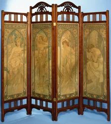 Écran Art Nouveau, les panneaux décorés de la série "Les Heures du Jour", comprenant Eveil Matin, Eclat du Jour, Rêverie du Soir et Repos de la Nuit