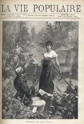 Un vieil homme lit une lettre à une belle jeune paysanne tenant une faux. Des chasseurs observent la scène au loin. Illustration par Alfons Maria Mucha
