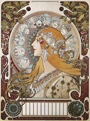 MUCHA, Alphonse Maria (1860-1939). Zodiaque. 1896. (67 x 48 cm). Affiche et calendrier publicitaire pour le magazine "La Plume". Modernisme. Lithographie