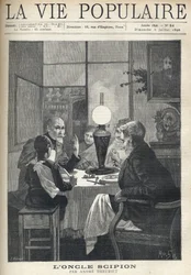 Scène de vie familiale : autour de la table à dîner, une famille est réunie, éclairée par une lampe à huile et écoute attentivement un oncle en visite, les yeux brillants et la main marquant les points forts de son histoire. Illustration par Alfons Maria M