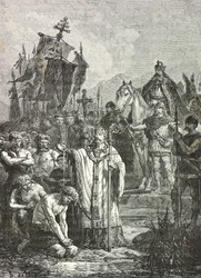 Charlemagne en 804 impose le baptême chrétien aux Saxons (Gravure)
