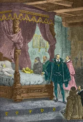 Gaspard de Coligny devant le lit de mort de François 2 en 1560 (Gravure)