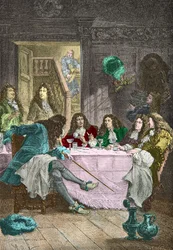 Jean de La Fontaine, Nicolas Boileau Despreaux, Molière et Racine dînant dans un cabaret (Gravure)
