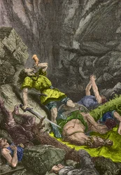 Le chevalier roland sonne du cor at Roncevaux en 778 (Engraving)
