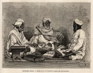 Les mollahs de la mosquée de Bhopal, en pleine discussion des points litigieux de la religion musulmane, gravure d