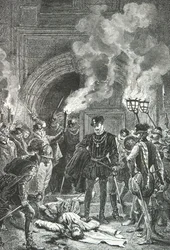 Massacre de la Saint Barthélémy, le duc de Guise pousse du pied le cadavre de Gaspard de Coligny (Gravure)