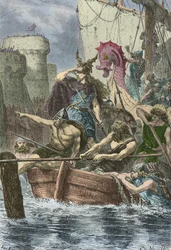 Les bateaux vikings de Rollon devant les murs de Paris en 886 (Gravure)