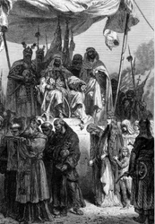 Les chrétiens de Jérusalem partant avant Saladin après la prise de la ville en 1187. Gravure de Neuville 1879.