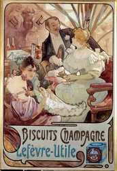 Art Nouveau : affiche publicitaire pour les biscuits Champagne produits par Lefèvre Utile, par Alphonse Mucha (1860-1939) 1897