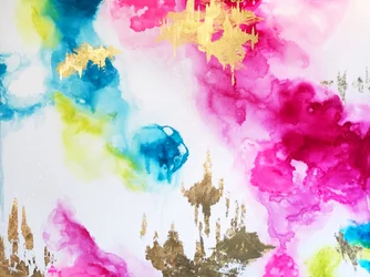 Encre dorée, rose et bleue