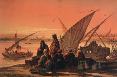 Bateaux sur le Nil, près des pyramides