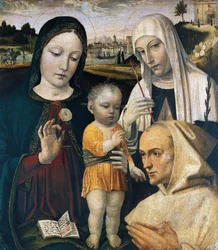 Madone et enfant, Sainte Catherine de Sienne et un moine chartreux, vers 1490