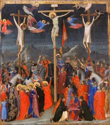 La Crucifixion - Sur les côtés, représentation du bon larron (aussi appelé Saint Dismas) et du mauvais larron (Gesmas), deux voleurs crucifiés avec Jésus-Christ - Inscription INRI sur la croix - Peinture de Gio
