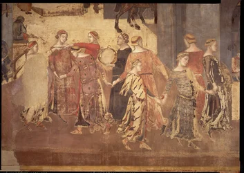 Effets du Bon Gouvernement dans la Ville, détail de danseurs et joueurs de tambourin, 1338-40