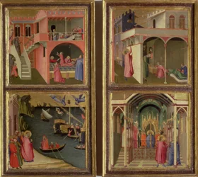 Quatre scènes de la vie de saint Nicolas : saint Nicolas donne leur dot à trois jeunes filles ; saint Nicolas élu évêque de Myre ; résurrection d