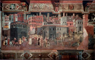 « Les effets du bon et du mauvais gouvernement sur la ville et la campagne. » Détail de la ville. Fresque par Ambrogio Lorenzetti (1290-1348)
