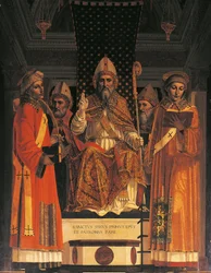 Italie, Lombardie, Chartreuse de Pavie (Certosa), cinquième chapelle à droite, retable avec Saint Syrus en trône par Ambrogio da Fossano dit ("il Bergognone")