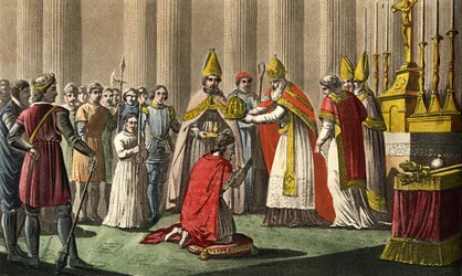 Charlemagne (742-814) couronné par le pape Léon III (vers 750-816) dans la basilique Saint-Pierre de Rome le 25 décembre 800. Dessiné et gravé par Ambroise Tardieu en 1825.
