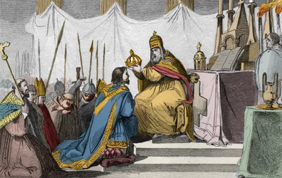 Charlemagne (742-814) couronné par le pape Léon III (v. 750-816) dans la basilique Saint-Pierre de Rome le 25 décembre 800 - Sacre (couronnement) de Charlemagne (742-814) en 800 par le pape Léon III - Gravure de 1825 dans « Histoire de France représentée