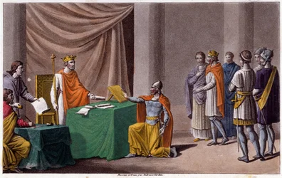 Charles II le Chauve (823 - 877) signa le traité de Verdun (843) avec Louis II le Germanique (804 - 876). Conçu et gravé par Ambroise Tardieu en 1825.