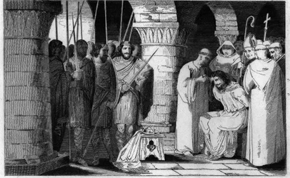 Childéric III (714-751) est détrôné et confiné dans un monastère - Childéric III détrôné et enfermé par Pépin le Bref dans un monastère à Saint-Omer entre 742-749 - Gravure de 1825 dans « Histoire de France représentée par des tableaux synoptiques dédiée a