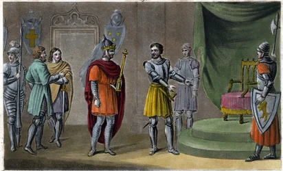 Chilpéric II (670 - 721) fut placé sur le trône par Rainfroi en 715. Dessiné et gravé par Ambroise Tardieu en 1825
