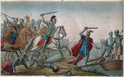 Clodion dit «Le Chevelu» (428-448), ancêtre des Mérovingiens, chef des Francs Saliens - Clodion fut vaincu par Aetius, général de Valentinien III, qui le força à repasser le Rhin - Dessiné et gravé par Ambroise Tardieu en 1825