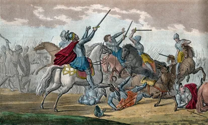 Clovis I (466-511), Roi des Francs, Dynastie des Mérovingiens - Lors de la bataille de Tolbiac contre les Alamans, il fit le vœu de se convertir au catholicisme si Dieu lui accordait la victoire - Dessin et gravure par Ambroise Tardieu en 1825