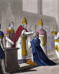 Louis II consacré une seconde fois au Concile de Troyes par Jean VIII en 879 (détail). Conçu et gravé par Ambroise Tardieu en 1825