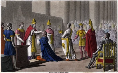 Louis II consacré une seconde fois au Concile de Troyes par Jean VIII en 879. Dessiné et gravé par Ambroise Tardieu en 1825