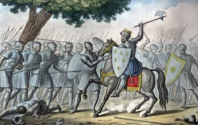 Louis VI, dit « le Gros » (1081 - 1137), lors de la bataille de Brenneville, tente de retirer la Normandie au roi Henri I en 1119. - Dessiné et gravé par Ambroise Tardieu en 1825.