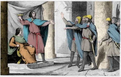 Louis V le Fainéant montre sa couronne à ses partisans en 986 - Louis V le Fainéant (c. 967-987), proclamé roi de France par la protection de Hugues Capet, devenu roi de France, en 986 - Gravure de 1825 dans « Histoire de France représentée par des tableau