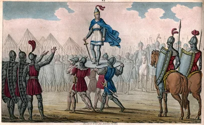 Pharamond Ier (vers 370-427), roi des Francs. Élevé sur un bouclier par son peuple qui l