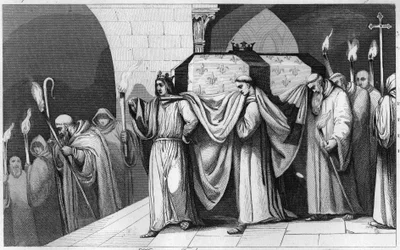 Philippe III le Hardi transporte les reliques de son père Louis IX à la basilique de Saint-Denis, nécropole des rois en 1271 - Gravure