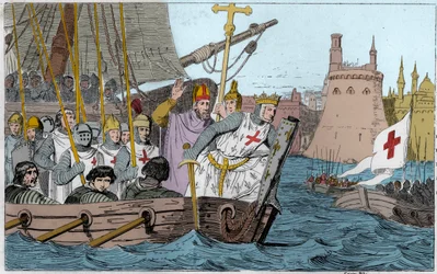 Septième croisade : le roi Saint Louis (1214-1270) et les croisés assiègent Damiette en juin 1249 en Basse-Égypte - Septième croisade en Terre sainte 1248-50 - Saint Louis IX (1214-70) mène ses troupes au combat - Gravure de 1825 dans « Histoire de France