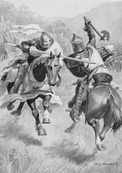 Rencontre entre Robert Bruce (1274-1329) et Sir Henry de Bohun (1276-1322) illustration de British Battles on Land and Sea édité par Sir Evelyn Wood (1838-1919) publié pour la première fois en 1915 (lithographie en couleur)