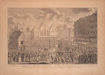 Le cortège du couronnement de François II de la cathédrale de Francfort au Römerberg en juillet 1792