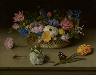Nature morte de fleurs, une libellule et un vulcain
