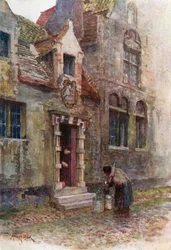 Maison du Pelican (Almshouse), Bruges (colour litho)
