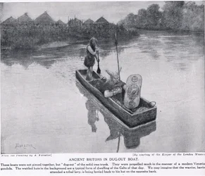 Britons anciens dans un bateau creusé, illustration de 