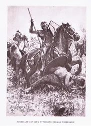 Cavalerie auxiliaire attaquant des tribus germaniques, illustration de The Roman Soldier, 1928