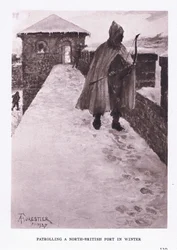 Patrouille dans un fort du nord de la Grande-Bretagne en hiver, illustration de The Roman Soldier, 1928