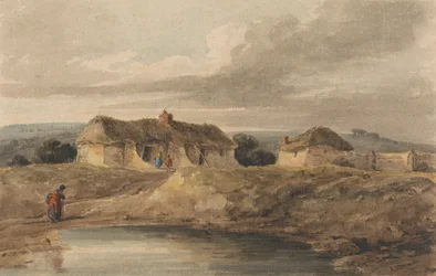 Paysage avec bâtiments au toit de chaume