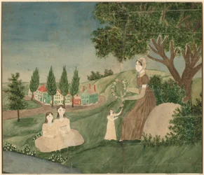 Mère et trois enfants faisant une couronne de fleurs