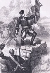Washington plantant le drapeau britannique au Fort Duquesne, illustration tirée de Cassells History of the United States publiée par Cassell, Petter & Galpin, vers 1900 (lithographie)