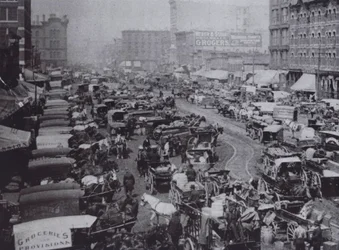 Haymarket Square rempli de voitures à cheval, Chicago