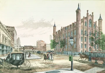 3e Avenue et 23e Rue, station de chemin de fer surélevée et le Collège de la ville de New York, de 36 vues de New York et des environs, publié par Charles Magnus