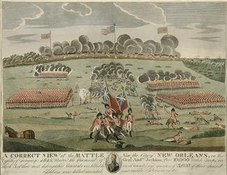 Vue correcte de la bataille près de la ville de la Nouvelle-Orléans, pub. c.1815 (gravure en couleur)